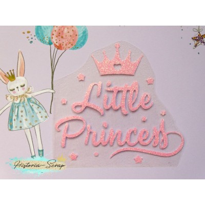 Надпись из термотрансфера "Little Princess с короной", цвет розовый радужный глиттер, ширина 97 мм